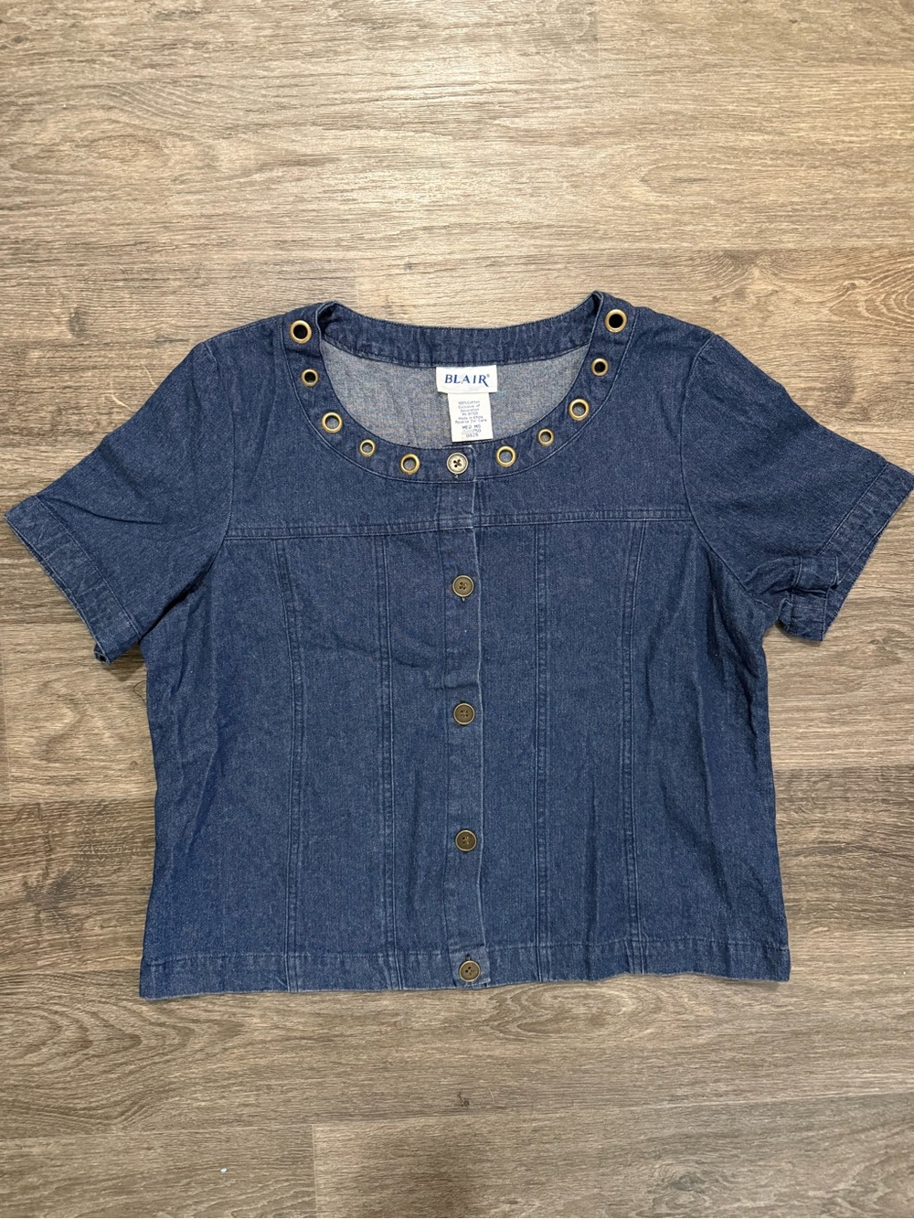 Blair Dark Blue Short-Sleeve Button-Front Denim Top with Grommet Neck